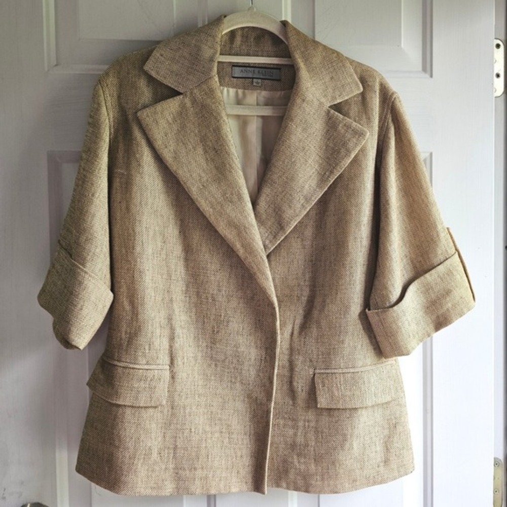 Anne Klein New York Tan Jute Linen Blend Blazer 3/4 Cuffed Sleeve Size 6